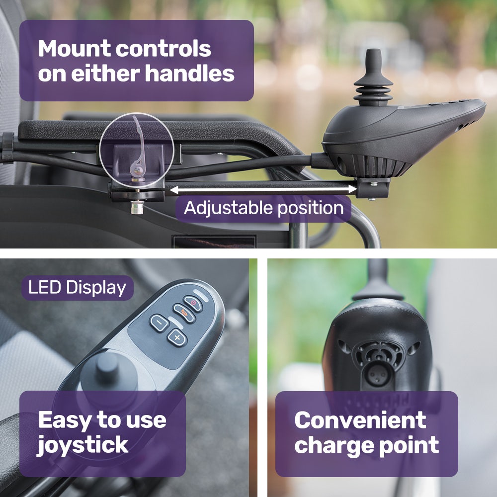 Equipmed Electric Folding Wheelchair, Wide Bariatric Chair Seat, Comfortable for S-XL, Long Range, Lithium Battery, Black/Grey