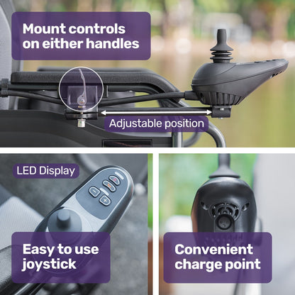 Equipmed Electric Folding Wheelchair, Wide Bariatric Chair Seat, Comfortable for S-XL, Long Range, Lithium Battery, Black/Grey