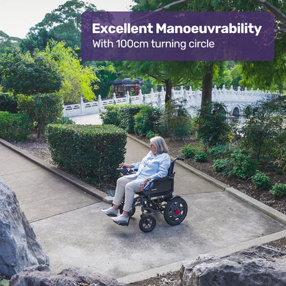 Equipmed Electric Folding Wheelchair, Wide Bariatric Chair Seat, Comfortable for S-XL, Long Range, Lithium Battery, Black/Grey