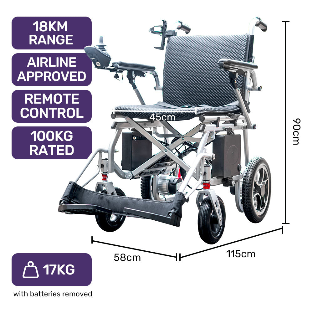 EQUIPMED Power Electric Wheelchair, Airline Approved Wheelchair, Extra Lightweight, Long Range, Lithium Batteries, Silver

The EQUIPMED Power Electric Wheelchair is the ultimate solution for mobility, with airline approval and extra lightweight design. Featuring long-range lithium batteries, it allows you to stay on-the-go for even longer. Efficient and sleek in silver, it's the perfect choice for those seeking both convenience and style.