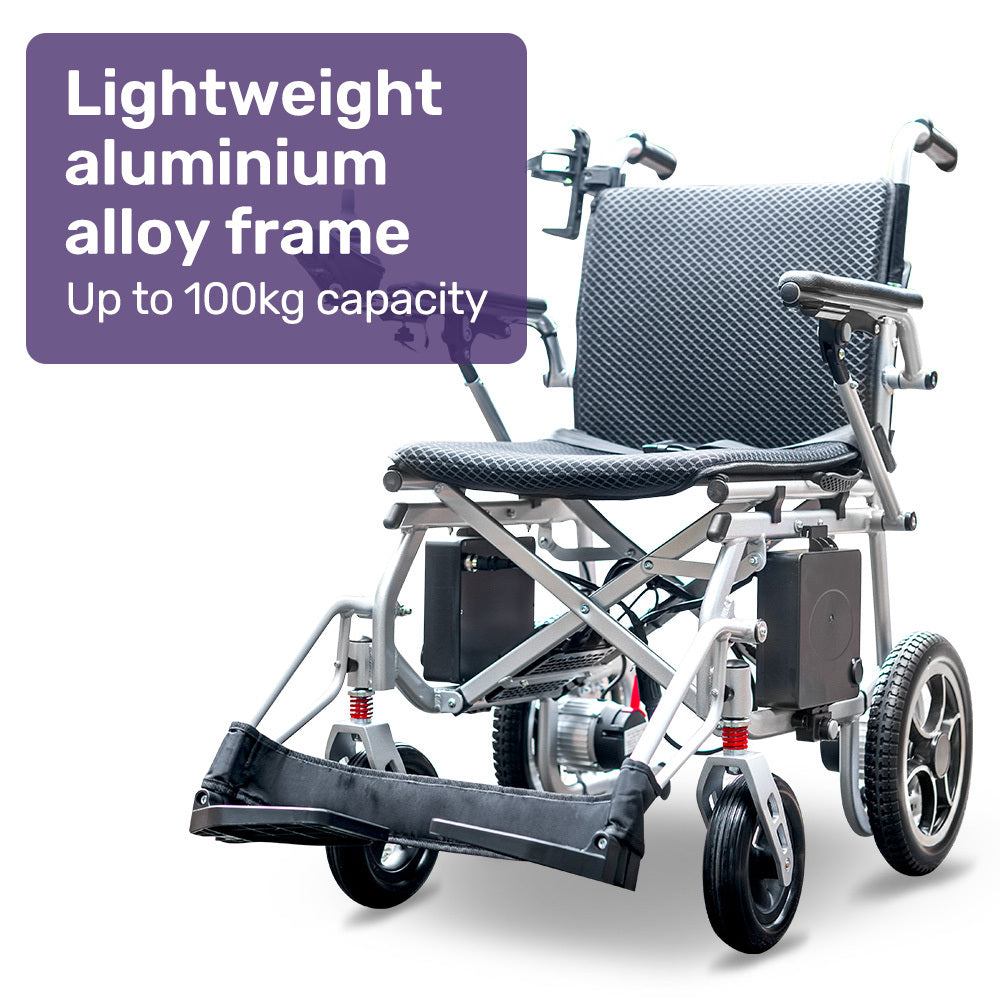 EQUIPMED Power Electric Wheelchair, Airline Approved Wheelchair, Extra Lightweight, Long Range, Lithium Batteries, Silver

The EQUIPMED Power Electric Wheelchair is the ultimate solution for mobility, with airline approval and extra lightweight design. Featuring long-range lithium batteries, it allows you to stay on-the-go for even longer. Efficient and sleek in silver, it's the perfect choice for those seeking both convenience and style.