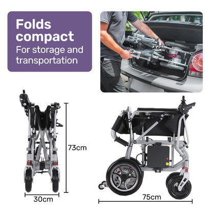 EQUIPMED Power Electric Wheelchair, Airline Approved Wheelchair, Extra Lightweight, Long Range, Lithium Batteries, Silver

The EQUIPMED Power Electric Wheelchair is the ultimate solution for mobility, with airline approval and extra lightweight design. Featuring long-range lithium batteries, it allows you to stay on-the-go for even longer. Efficient and sleek in silver, it's the perfect choice for those seeking both convenience and style.