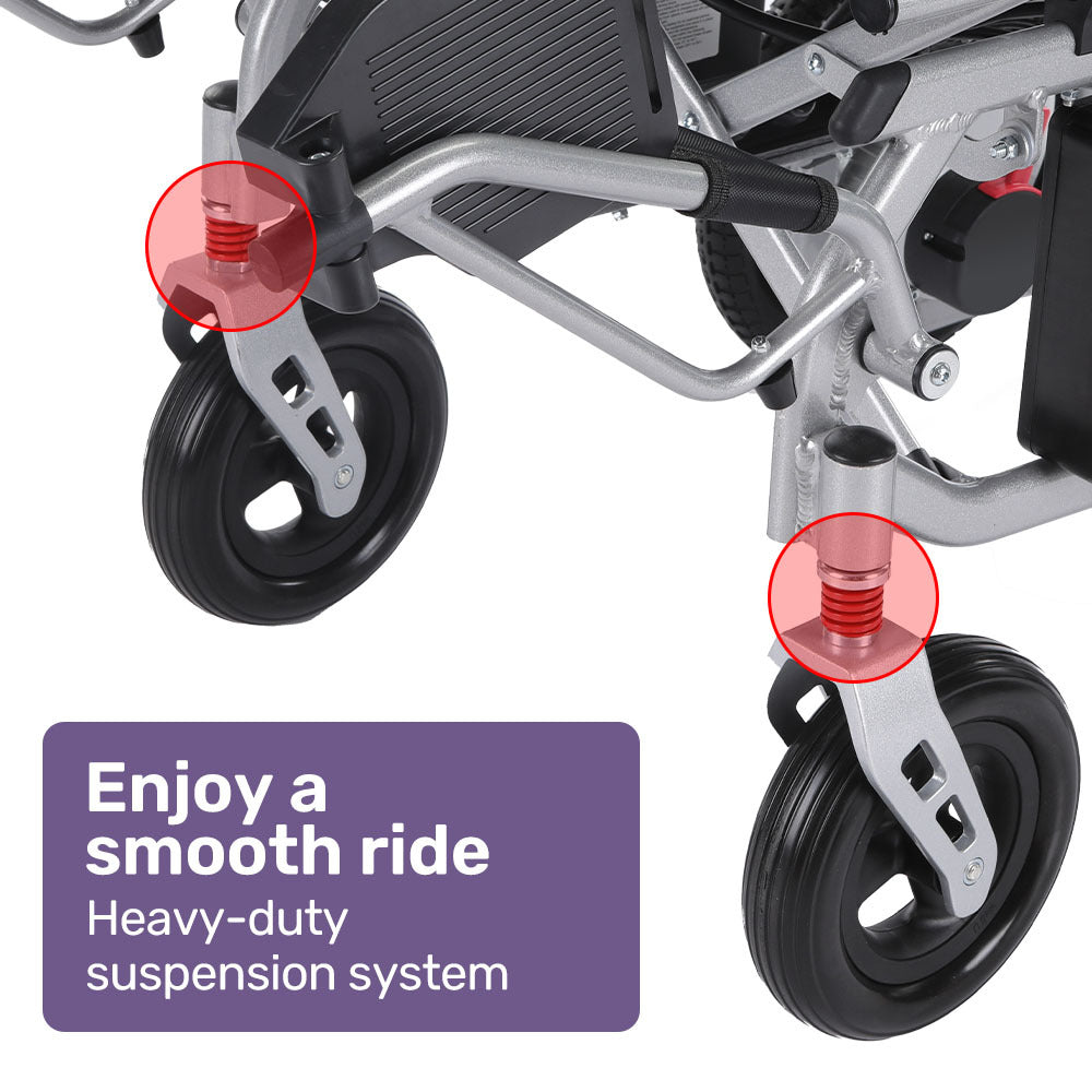 EQUIPMED Power Electric Wheelchair, Airline Approved Wheelchair, Extra Lightweight, Long Range, Lithium Batteries, Silver

The EQUIPMED Power Electric Wheelchair is the ultimate solution for mobility, with airline approval and extra lightweight design. Featuring long-range lithium batteries, it allows you to stay on-the-go for even longer. Efficient and sleek in silver, it's the perfect choice for those seeking both convenience and style.