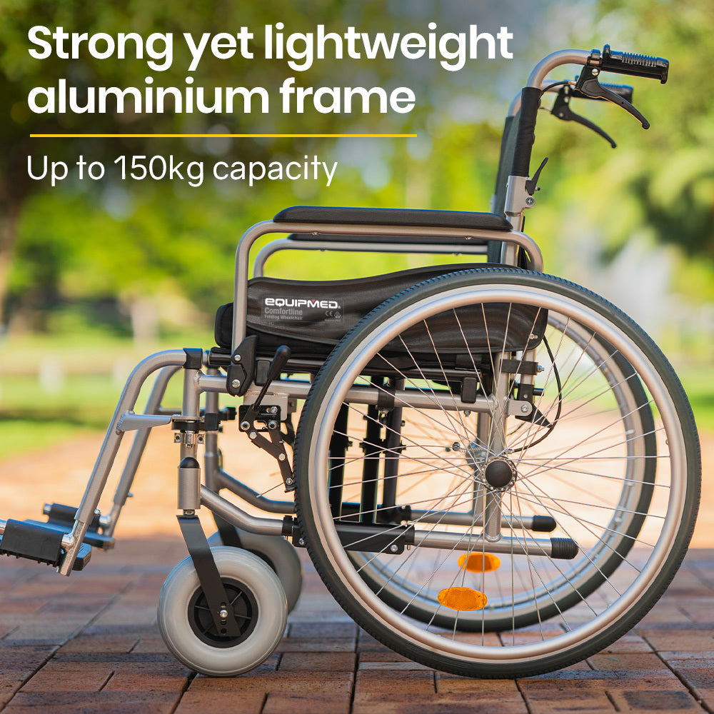 EQUIPMED Extra-Wide Folding Wheelchair, Aluminium Frame, 150kg Capacity, 24 Inch Wheels, Park Brakes, Black

The EQUIPMED Extra-Wide Folding Wheelchair offers a sturdy and lightweight aluminium frame, with a generous 150kg weight capacity and 24-inch wheels for effortless maneuvering. Its park brakes provide added safety and stability. Foldable for easy transport. The perfect solution for those seeking comfort and independence.