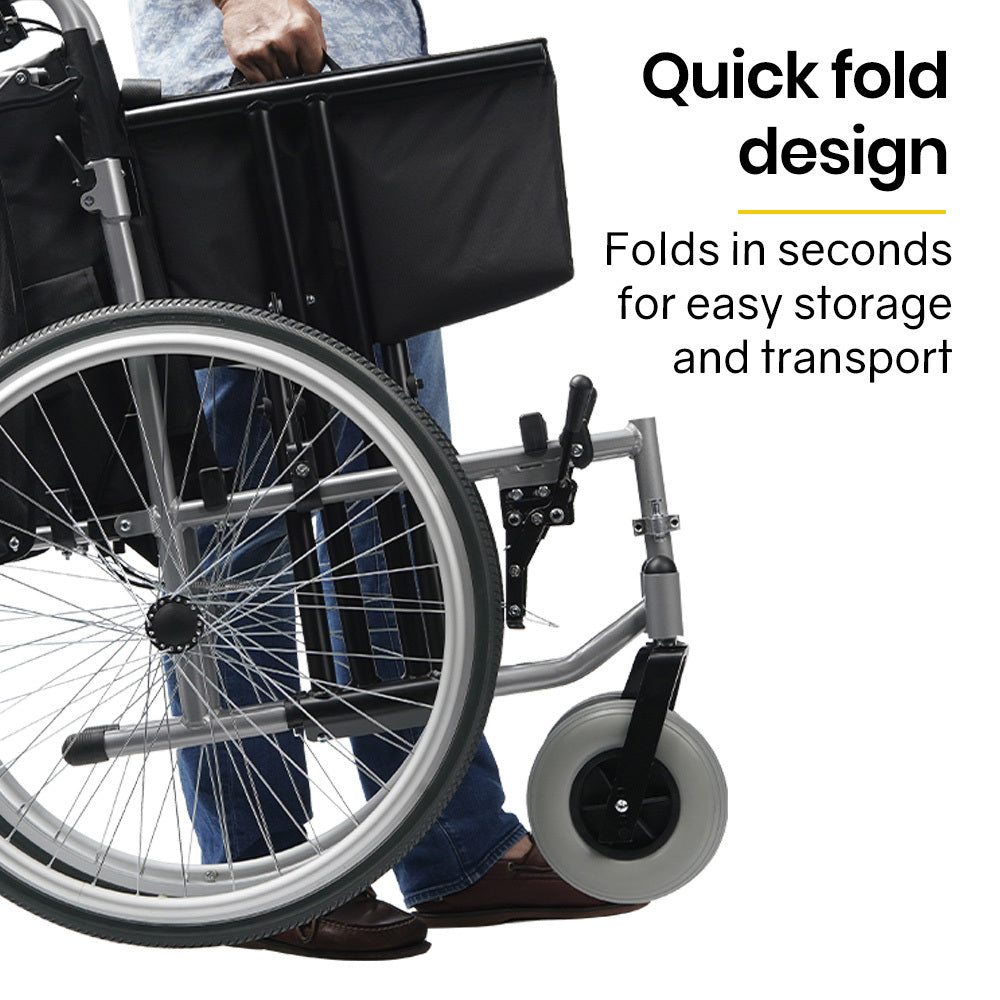 EQUIPMED Extra-Wide Folding Wheelchair, Aluminium Frame, 150kg Capacity, 24 Inch Wheels, Park Brakes, Black

The EQUIPMED Extra-Wide Folding Wheelchair offers a sturdy and lightweight aluminium frame, with a generous 150kg weight capacity and 24-inch wheels for effortless maneuvering. Its park brakes provide added safety and stability. Foldable for easy transport. The perfect solution for those seeking comfort and independence.