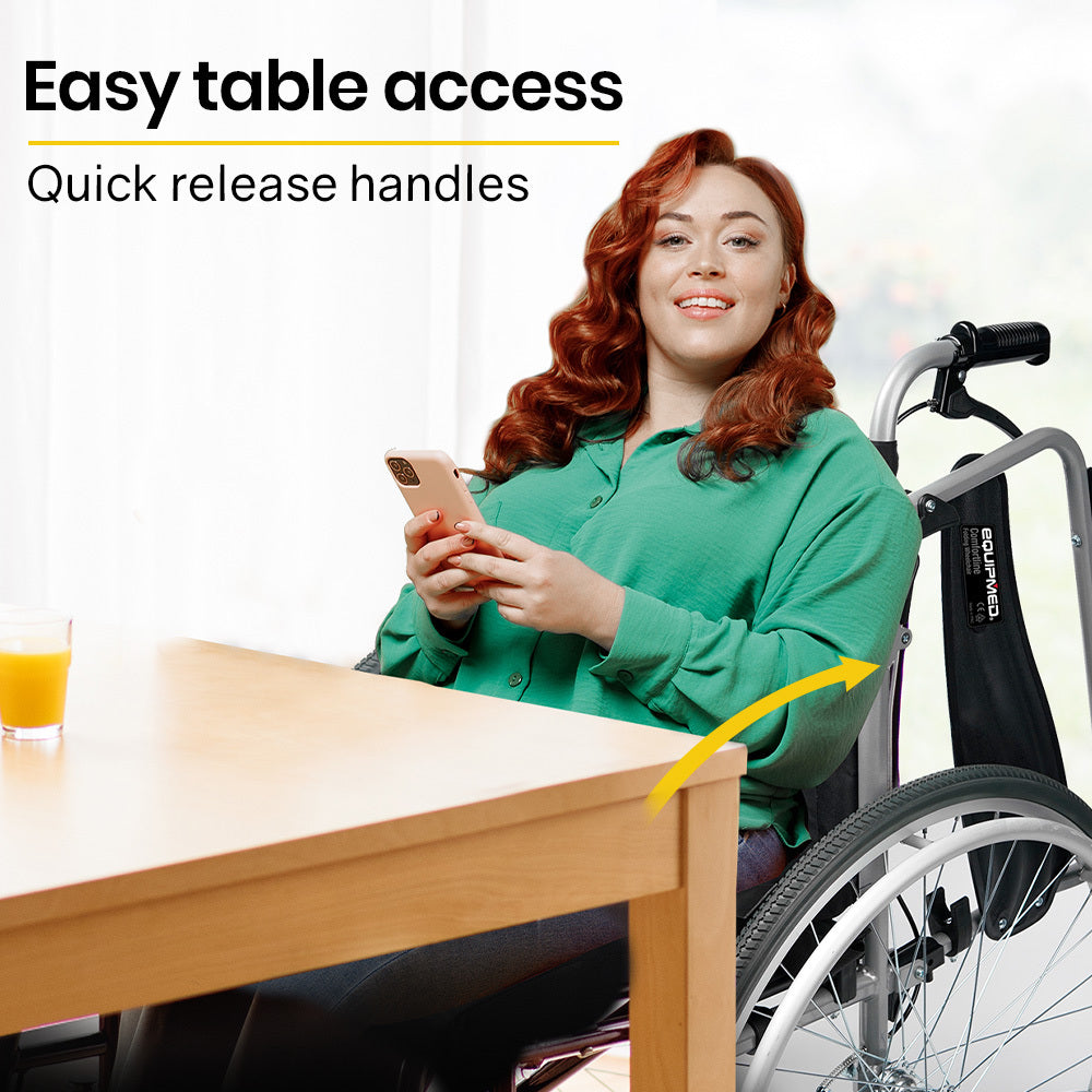 EQUIPMED Extra-Wide Folding Wheelchair, Aluminium Frame, 150kg Capacity, 24 Inch Wheels, Park Brakes, Black

The EQUIPMED Extra-Wide Folding Wheelchair offers a sturdy and lightweight aluminium frame, with a generous 150kg weight capacity and 24-inch wheels for effortless maneuvering. Its park brakes provide added safety and stability. Foldable for easy transport. The perfect solution for those seeking comfort and independence.