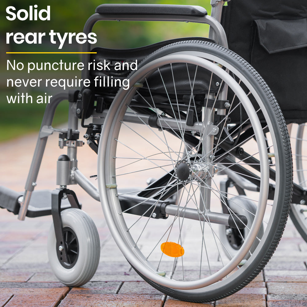 EQUIPMED Extra-Wide Folding Wheelchair, Aluminium Frame, 150kg Capacity, 24 Inch Wheels, Park Brakes, Black

The EQUIPMED Extra-Wide Folding Wheelchair offers a sturdy and lightweight aluminium frame, with a generous 150kg weight capacity and 24-inch wheels for effortless maneuvering. Its park brakes provide added safety and stability. Foldable for easy transport. The perfect solution for those seeking comfort and independence.