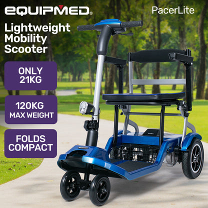 Electric Mobility Scooter Long Range, Brushless Motor, Portable, Blue

The Electric Mobility Scooter offers a long range, brushless motor for efficient and reliable transportation. Its portable design makes it perfect for on-the-go use. Enjoy the convenience and mobility of this sleek blue scooter.

The Equipmed PacerLite Lightweight Mobility Scooter i