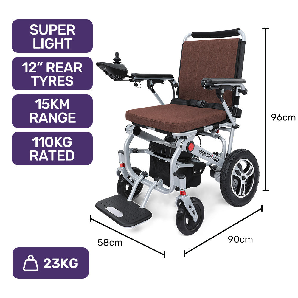 EQUIPMED Ultra-Light Power Wheelchair, Tight Turning Electric Motorised Wheel Chair, Folding, ARTG Certified, Aluminium Frame, Lithium Battery, Brown