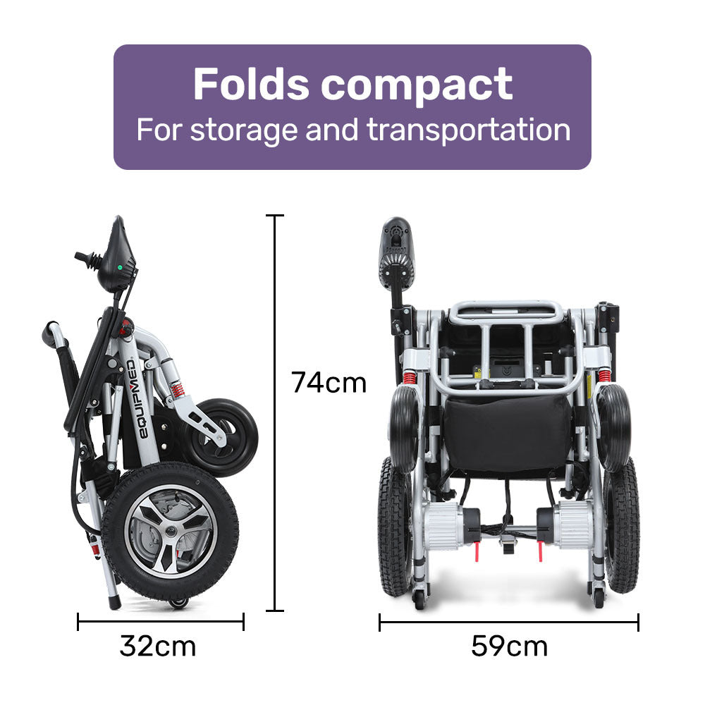 EQUIPMED Ultra-Light Power Wheelchair, Tight Turning Electric Motorised Wheel Chair, Folding, ARTG Certified, Aluminium Frame, Lithium Battery, Grey