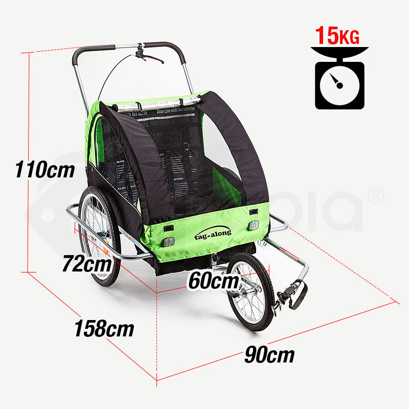 Green and black bicycle trailer with dimensions and weight capacity on a white background