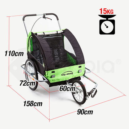 Green and black bicycle trailer with dimensions and weight capacity on a white background