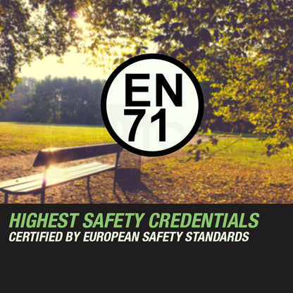 Bench in a park with EN71 logo and safety certification text overlay