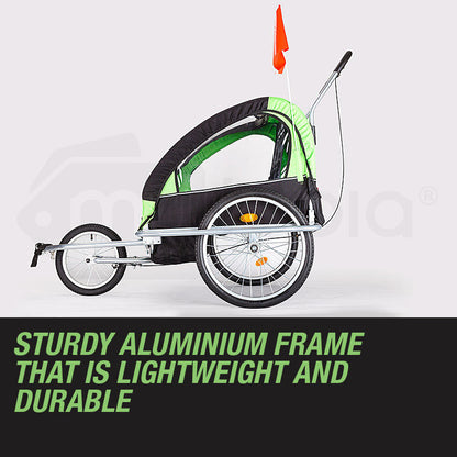 Green and black bike trailer with a white background and text about its frame quality.