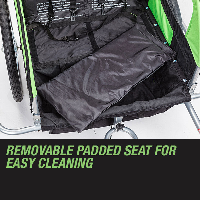 Removable padded seat in a stroller with text 'Removable Padded Seat for Easy Cleaning' on a white background.