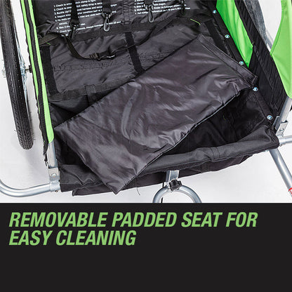 Removable padded seat in a stroller with text 'Removable Padded Seat for Easy Cleaning' on a white background.