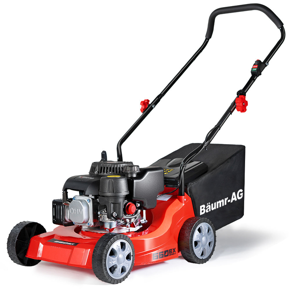 A red and black Baumr-AG 139cc Lawn Mower with a 16-inch cutting width and a fabric catcher.