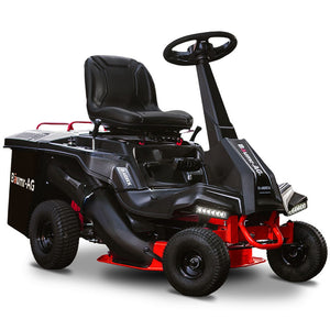 Black and red riding lawn mower on a white background