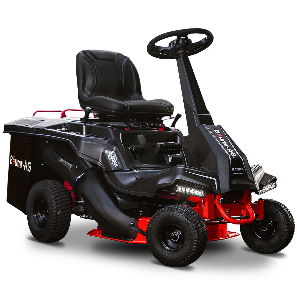 Black and red riding lawn mower on a white background