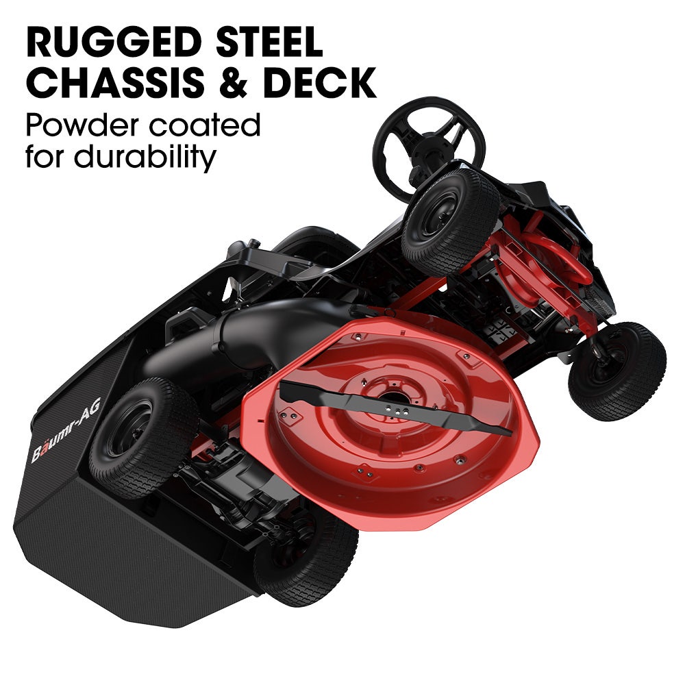 Mower with red deck and black chassis on a white background, highlighting durability features.