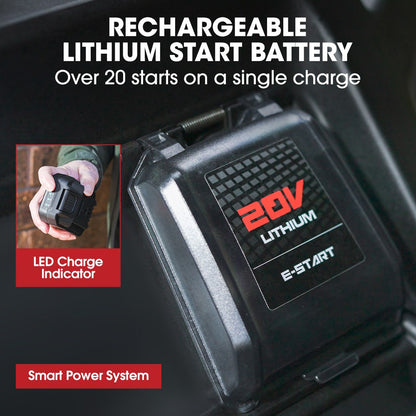 Rechargeable lithium start battery with features highlighted on a dark background