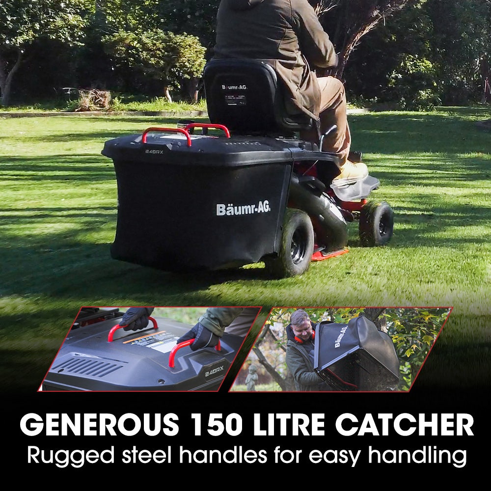 Person using a lawn mower with a large black catcher attached, on a grassy field.
