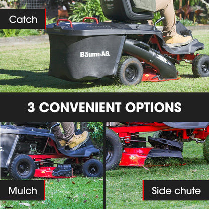 Lawn mower with mulching and side chute options on a grassy background