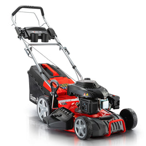 A red and black Baumr-AG self-propelled petrol lawnmower with a 18-inch steel deck.