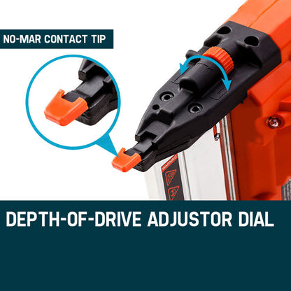 Depth-of-drive adjustor dial on a nail gun with close-up of no-mar contact tip.