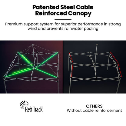 RED TRACK 3x3m Premium Pop Up Gazebo Marquee, Patented Steel Cable Canopy Support System, Wheeled Carry Bag, Side Walls, UV Block, Reinforced Frame, White