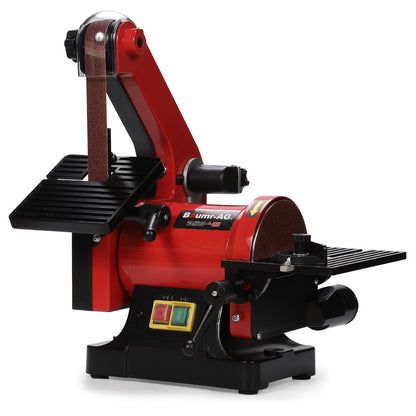 A red and black Baumr-AG bench belt and disc sander combo with a vertical belt and a disc attachment, designed for precision sanding.