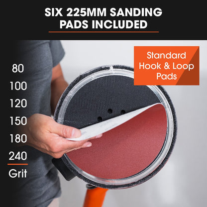225mm 750W Telescopic Long Reach Dry Wall Sander Kit, Foldable, Vacuum System, LED Worklight, 6x Sanding Discs