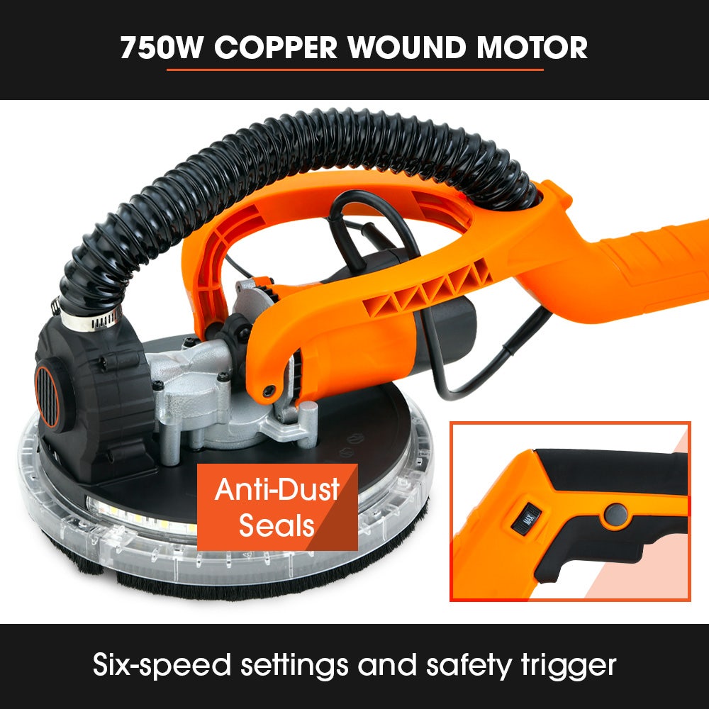 225mm 750W Telescopic Long Reach Dry Wall Sander Kit, Foldable, Vacuum System, LED Worklight, 6x Sanding Discs