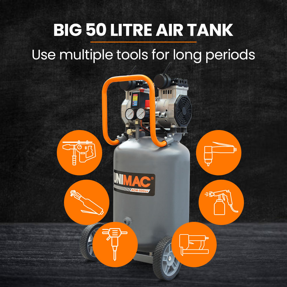2HP 50L Silent Oil-Free Portable Electric Air Compressor, Vertical, for Airtools, Tyre Inflation
