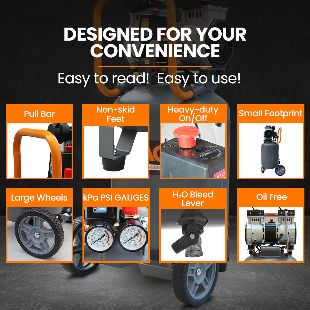 2HP 50L Silent Oil-Free Portable Electric Air Compressor, Vertical, for Airtools, Tyre Inflation
