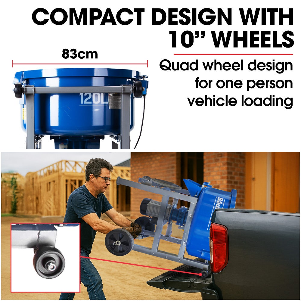 BAUMR-AG 120L Forced Action Pan Mixer, 1500W Electric Direct Drive Motor, Heavy-Duty Frame, for Mortar Screed Resin Cement, 10 Inch Solid Rubber Wheels