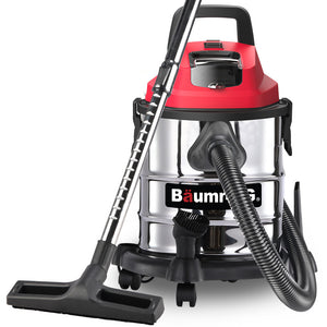 Baumr-AG 20L Cordless Wet & Dry Vacuum Cleaner with stainless steel tank, red and black color scheme, with attached hose and floor brush accessory.