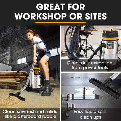 Vacuum cleaner being used in a workshop setting with text highlighting its features.