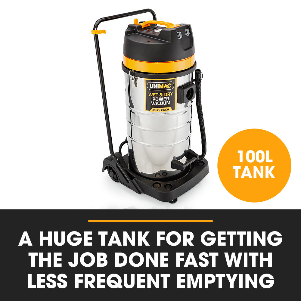 Unimac wet and dry vacuum cleaner with 100L tank on a white background