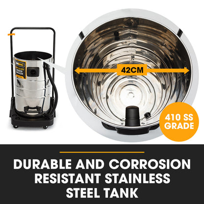 Stainless steel tank with durable and corrosion-resistant properties, featuring a measuring label and product name.