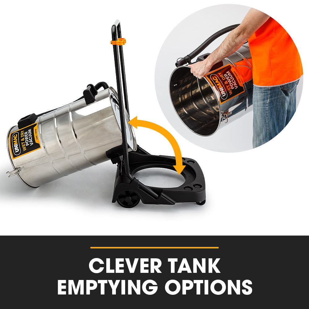 Tank emptying tool with a person using it, labeled 'Clever Tank Emptying Options'.
