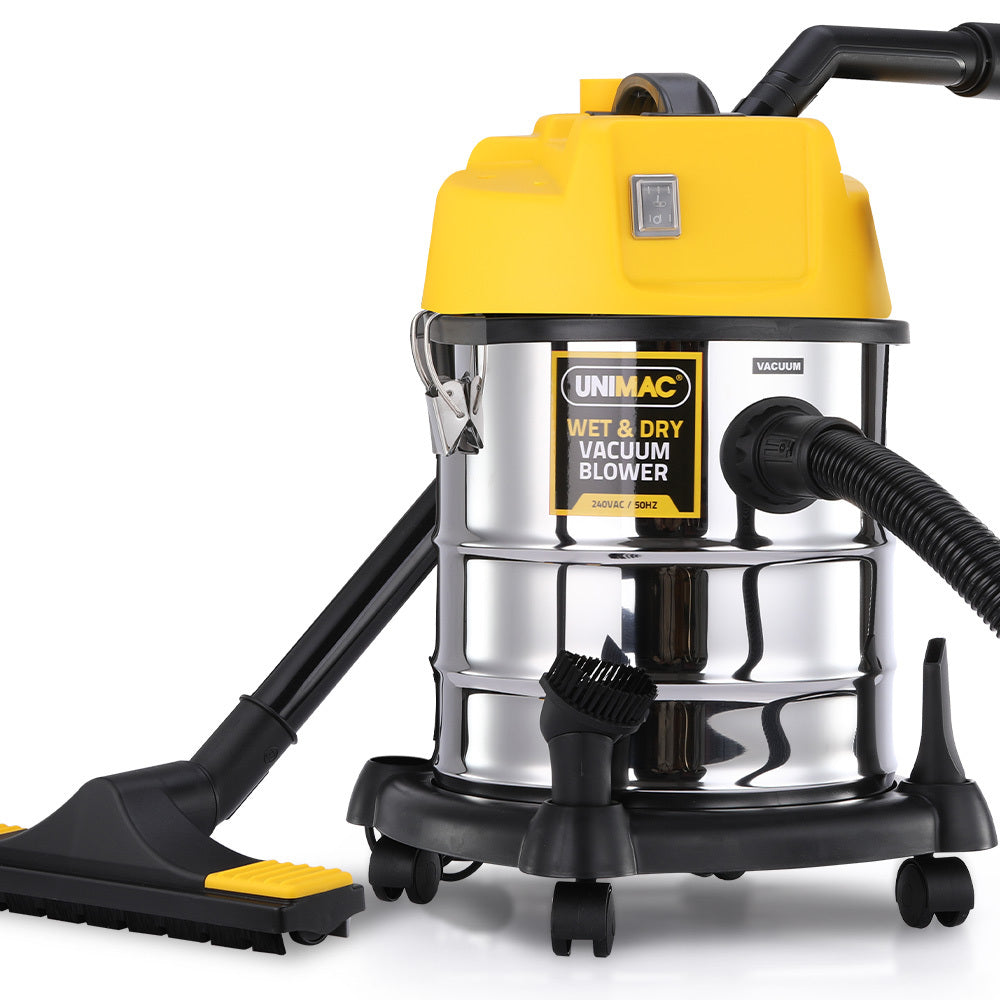 Yellow and silver UNIMAC wet and dry vacuum blower on a white background
