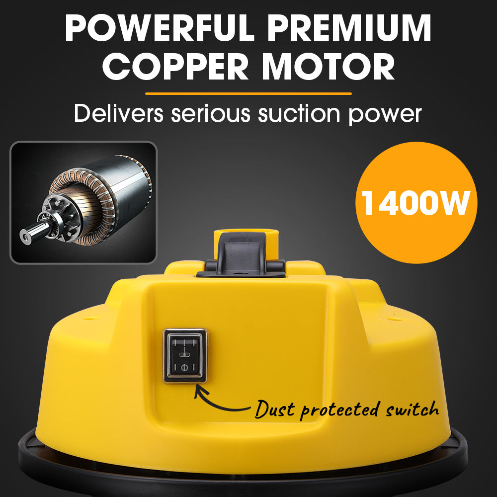 Yellow vacuum cleaner with a powerful premium copper motor and 1400W rating on a black background.