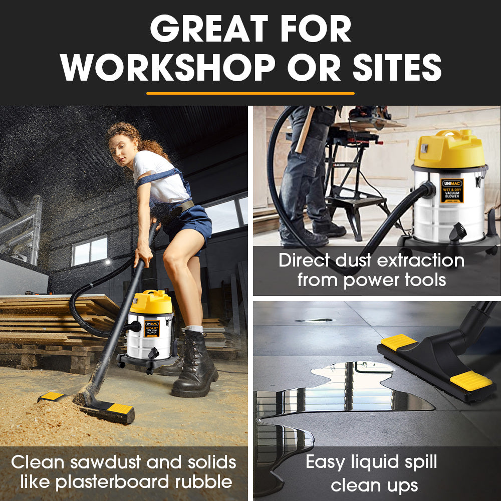 Vacuum cleaner being used in a workshop setting with text highlighting its features.