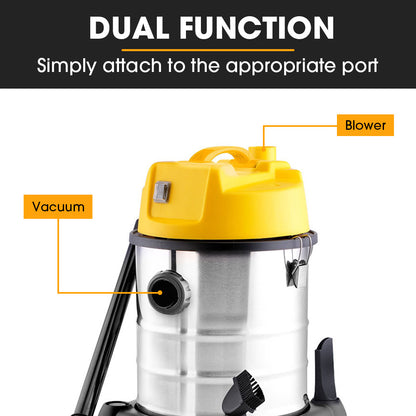 Dual function vacuum cleaner with yellow top and black base, labeled for vacuum and blower functions.