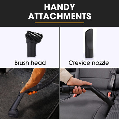 Vacuum attachments including a brush head and crevice nozzle with usage examples.