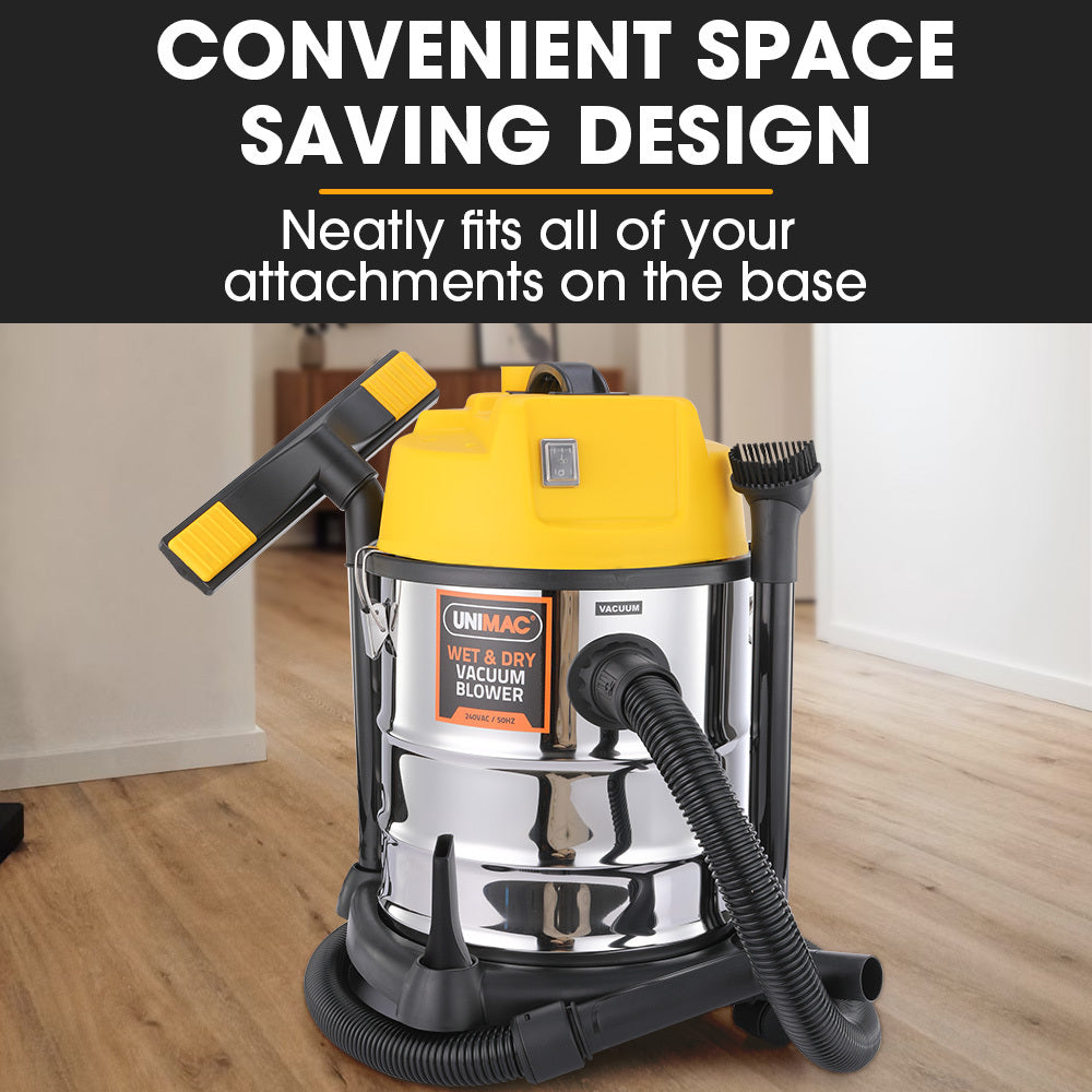 Unimac wet and dry vacuum cleaner with text highlighting space-saving design on a wooden floor.