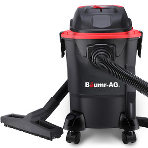 Baumr-AG 20L 1200W Wet and Dry Vacuum Cleaner with black color featuring red accents, including a hose attachment and wheels for mobility.