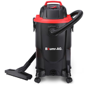 Baumr-AG 30L Wet and Dry Vacuum Cleaner with a black body, red top cover, and attached hose and brush nozzle.