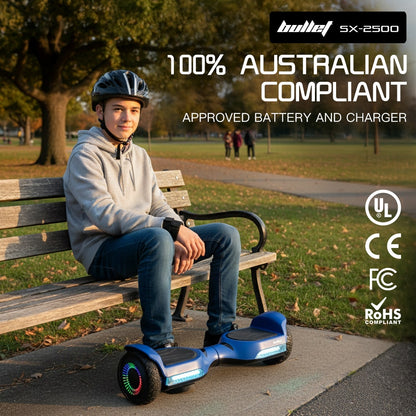 BULLET SX-2500 Hoverboard Scooter, 500W Brushless, UL Certified, AU Compliant, 6.5-inch Off-Road Style Tyres, Superior Self Balancing System, LED Lights, Blue
